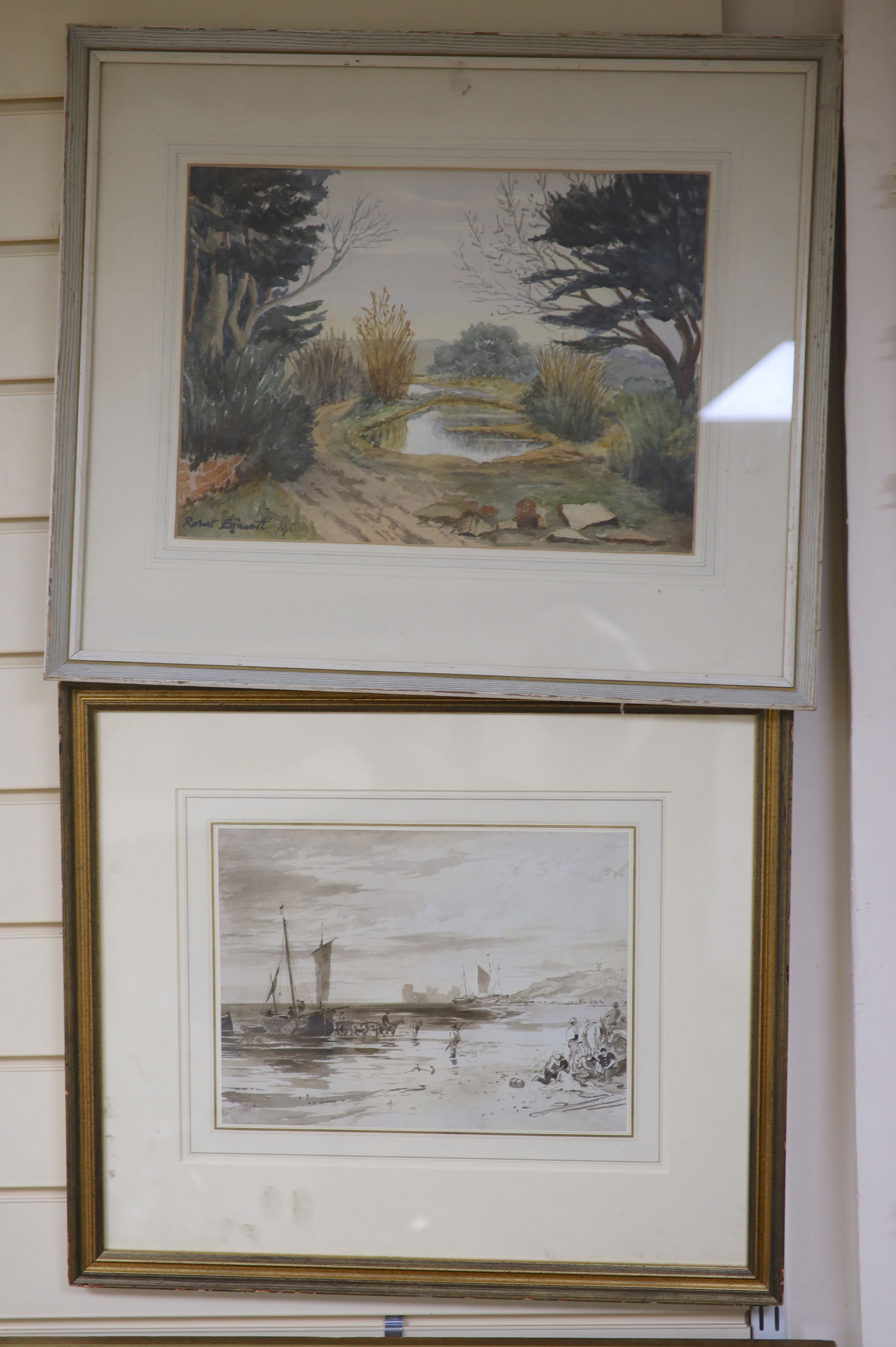 19th century English School, monochrome watercolour, Fisherfolk on the beach, 22 x 29.5cm